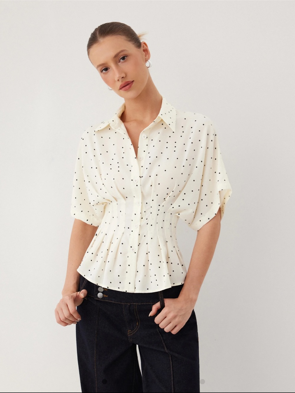 Polka Dot Cream Button-Front Peplum Top